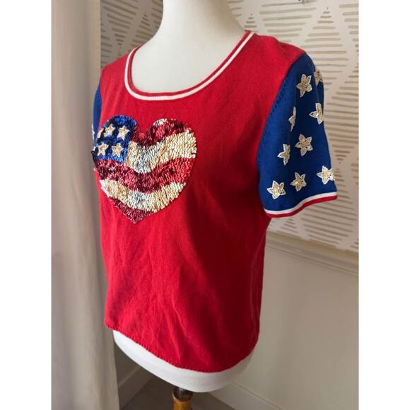 Emma Tricot Medium Patriotic American Flag Sequin Beaded Short Sleeve Shirt - Picture 3 of 8